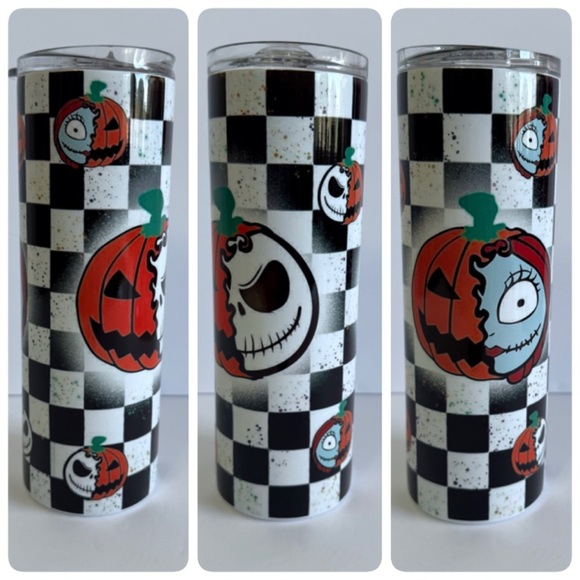 Halloween Jack & Sally Checkered 20oz Skinny Tumbler - Picture 1 of 4